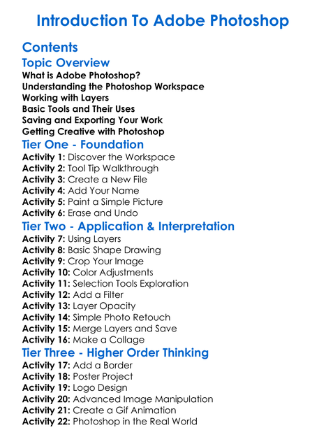 Introduction To Adobe Photoshop Worksheet Activity Booklet