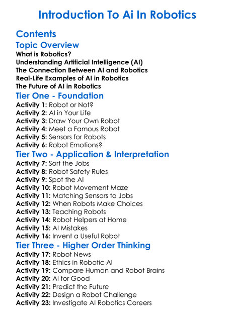 Introduction To Ai In Robotics Worksheet Activity Booklet