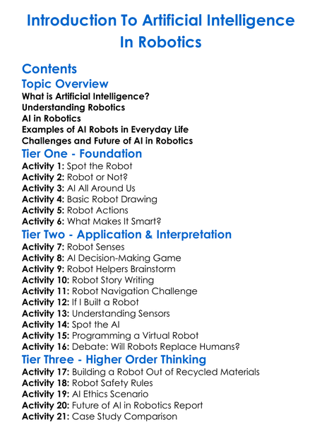 Introduction To Artificial Intelligence In Robotics Worksheet Activity Booklet