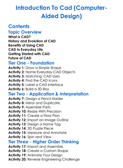 Introduction To Cad Computer-Aided Design Worksheet Activity Booklet