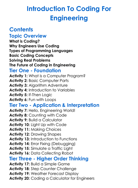 Introduction To Coding For Engineering Worksheet Activity Booklet