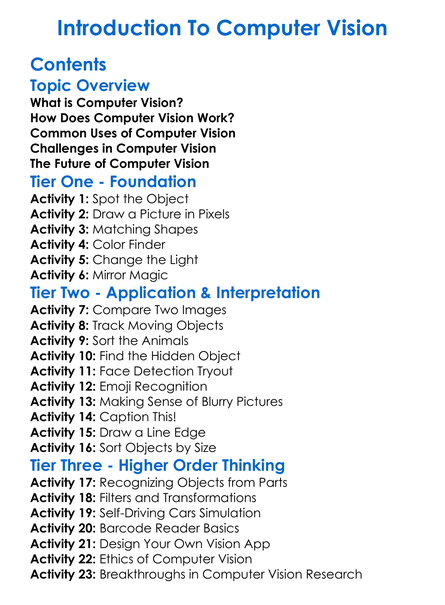 Introduction To Computer Vision Worksheet Activity Booklet