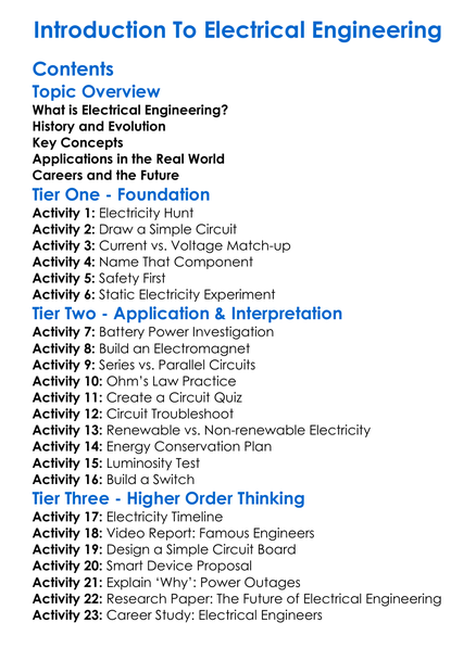 Introduction To Electrical Engineering Worksheet Activity Booklet
