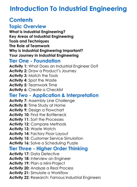 Introduction To Industrial Engineering Worksheet Activity Booklet