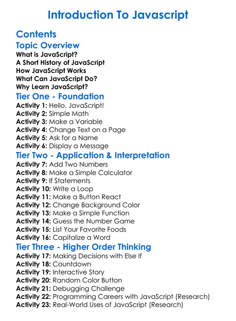 Introduction To Javascript Worksheet Activity Booklet
