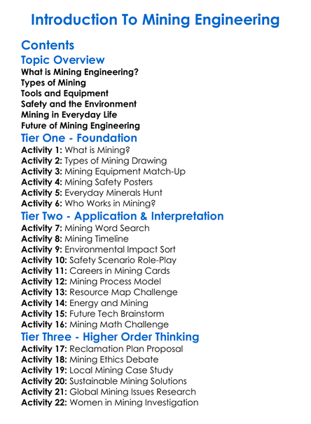 Introduction To Mining Engineering Worksheet Activity Booklet