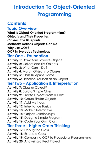 Introduction To Object-Oriented Programming Worksheet Activity Booklet