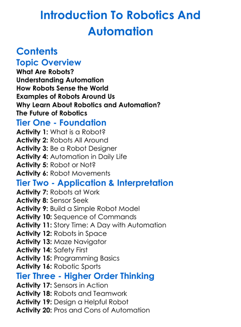 Introduction To Robotics And Automation Worksheet Activity Booklet