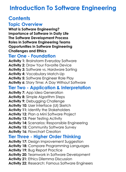 Introduction To Software Engineering Worksheet Activity Booklet
