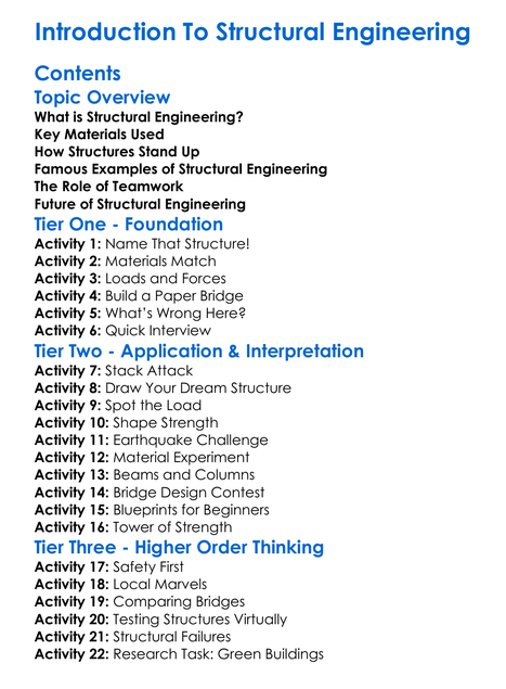 Introduction To Structural Engineering Worksheet Activity Booklet