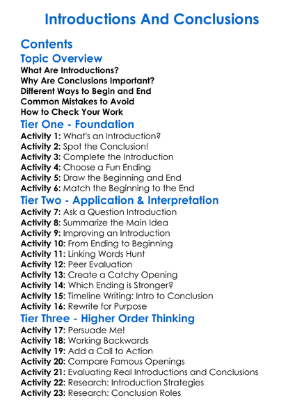 Introductions And Conclusions Worksheet Activity Booklet