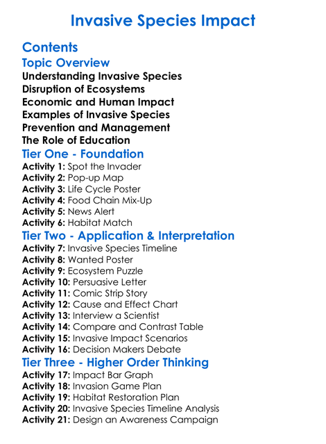 Invasive Species Impact Worksheet Activity Booklet