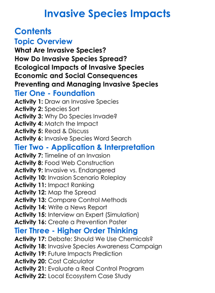 Invasive Species Impacts Worksheet Activity Booklet