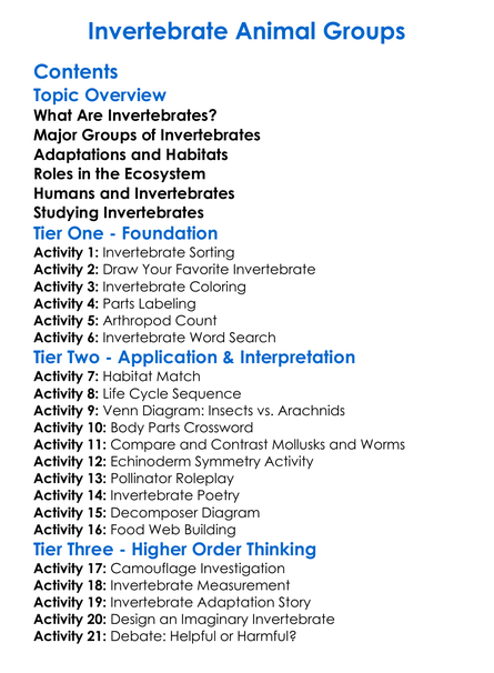 Invertebrate Animal Groups Worksheet Activity Booklet