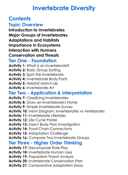 Invertebrate Diversity Worksheet Activity Booklet