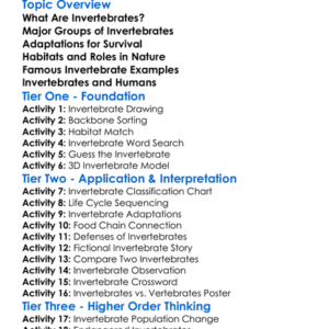 Invertebrates And Examples Worksheet Activity Booklet