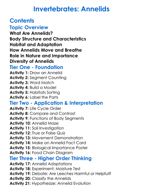 Invertebrates Annelids Worksheet Activity Booklet