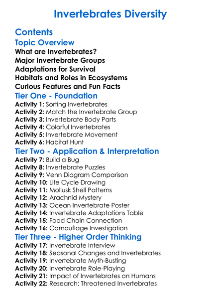 Invertebrates Diversity Worksheet Activity Booklet