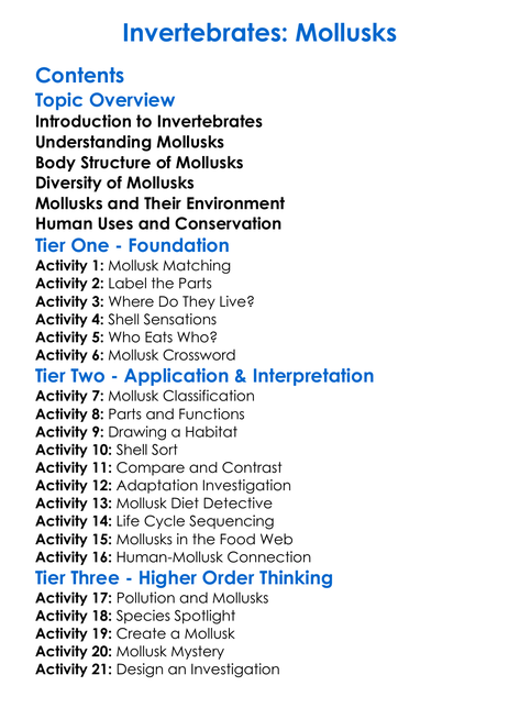 Invertebrates Mollusks Worksheet Activity Booklet