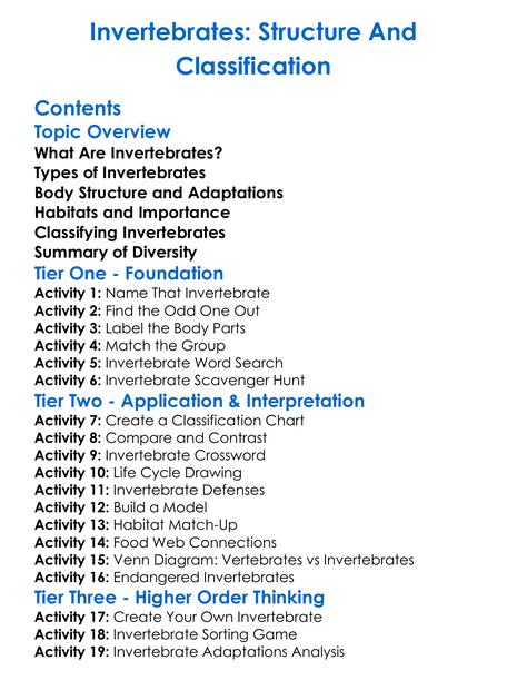 Invertebrates Structure And Classification Worksheet Activity Booklet