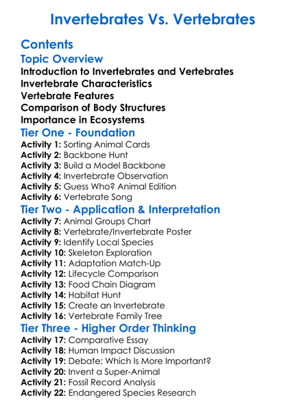 Invertebrates Vs Vertebrates Worksheet Activity Booklet