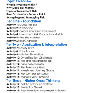 Investment Risk Worksheet Activity Booklet