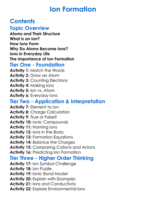 Ion Formation Worksheet Activity Booklet