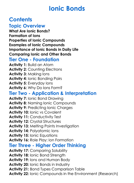 Ionic Bonds Worksheet Activity Booklet