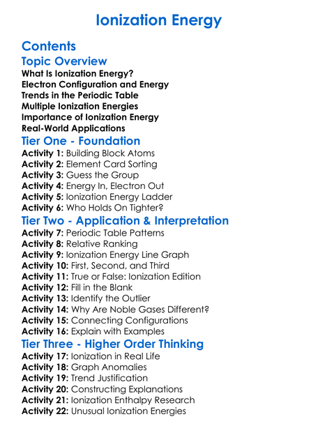 Ionization Energy Worksheet Activity Booklet