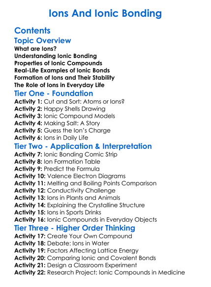 Ions And Ionic Bonding Worksheet Activity Booklet