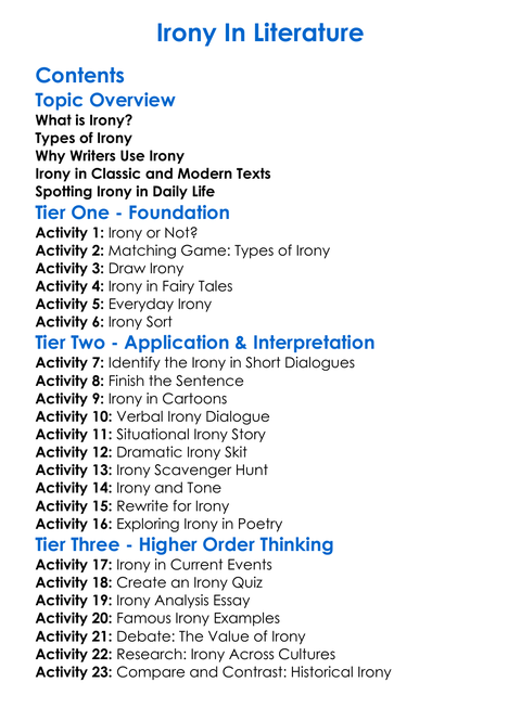 Irony In Literature Worksheet Activity Booklet