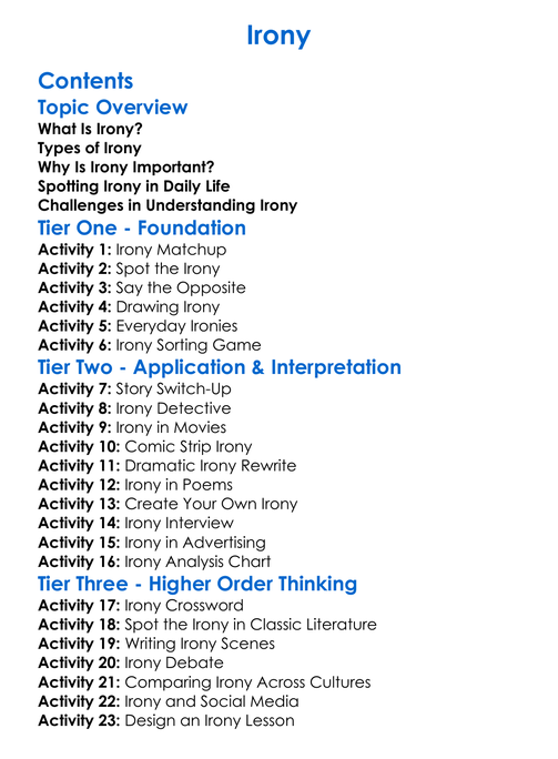Irony Worksheet Activity Booklet