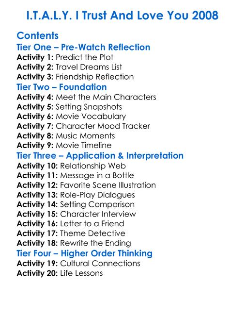 Italy I Trust And Love You 2008 Worksheet Activity Booklet