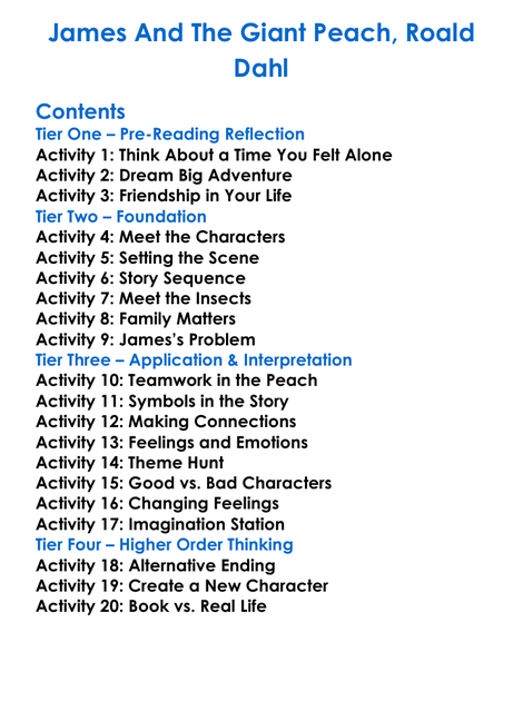 James And The Giant Peach Roald Dahl Worksheet Activity Booklet