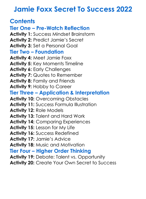 Jamie Foxx Secret To Success 2022 Worksheet Activity Booklet
