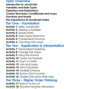 Javascript Fundamentals Worksheet Activity Booklet