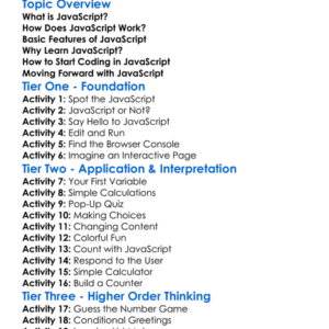 Javascript Introduction Worksheet Activity Booklet