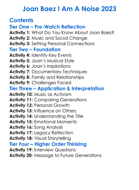 Joan Baez I Am A Noise 2023 Worksheet Activity Booklet