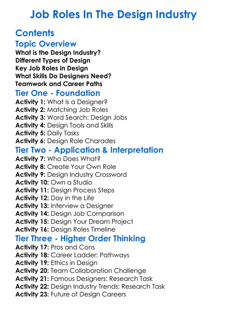 Job Roles In The Design Industry Worksheet Activity Booklet