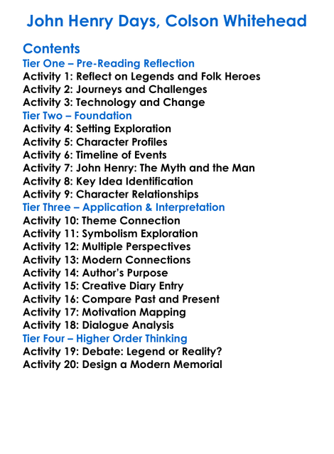 John Henry Days Colson Whitehead Worksheet Activity Booklet