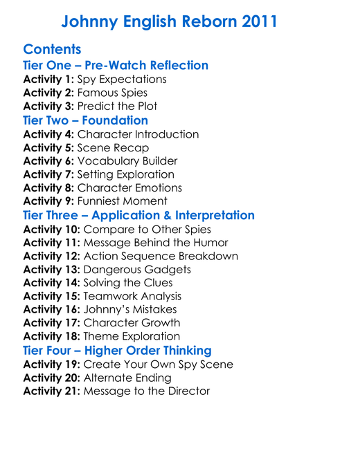 Johnny English Reborn 2011 Worksheet Activity Booklet