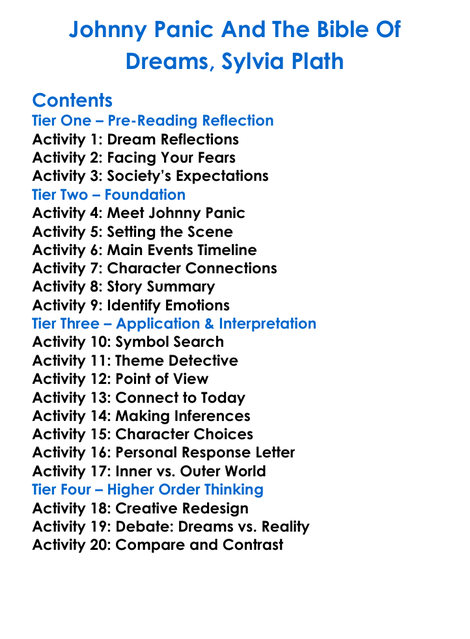 Johnny Panic And The Bible Of Dreams Sylvia Plath Worksheet Activity Booklet