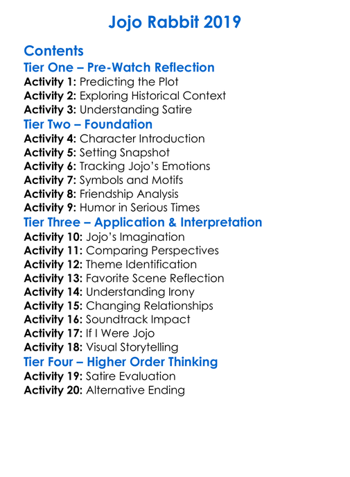 Jojo Rabbit 2019 Worksheet Activity Booklet