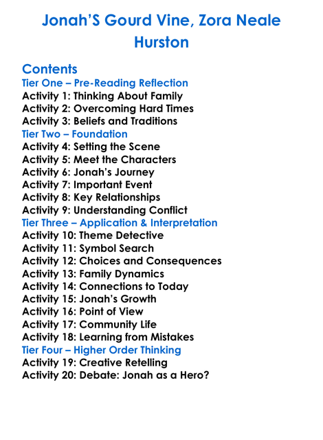 Jonahs Gourd Vine Zora Neale Hurston Worksheet Activity Booklet