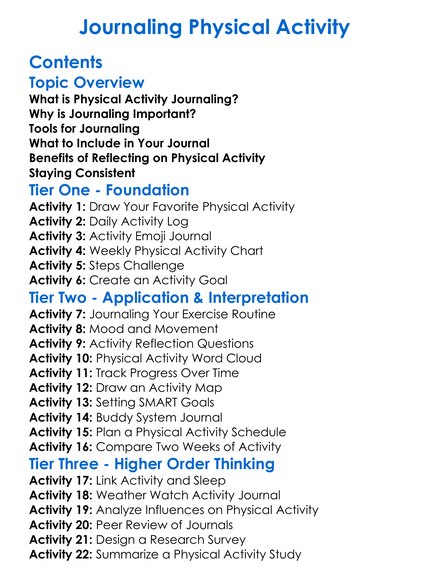 Journaling Physical Activity Worksheet Activity Booklet