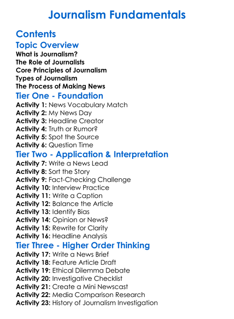 Journalism Fundamentals Worksheet Activity Booklet