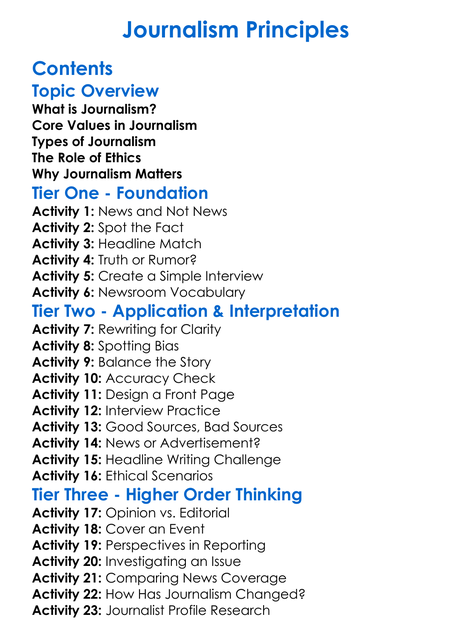 Journalism Principles Worksheet Activity Booklet