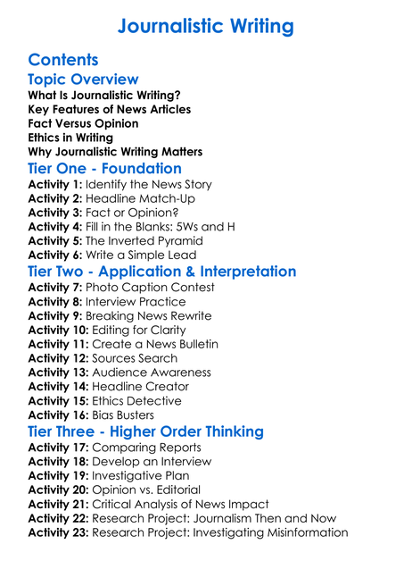 Journalistic Writing Worksheet Activity Booklet