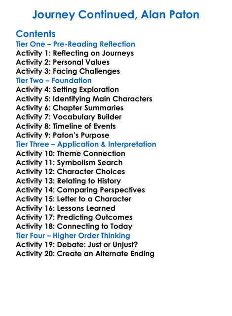 Journey Continued Alan Paton Worksheet Activity Booklet