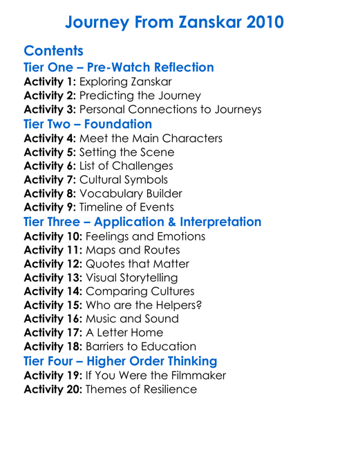 Journey From Zanskar 2010 Worksheet Activity Booklet